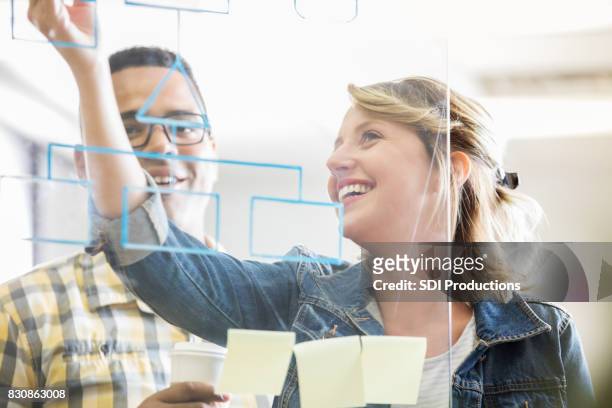 business colleagues write ideas on transparent dry erase board - workflow stock pictures, royalty-free photos & images