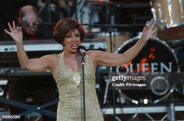 Dame Shirley Bassey performs at the Golden Jubilee pop concert in the gardens of Buckingham Palace in London. Around 12,000 membersof the public...
