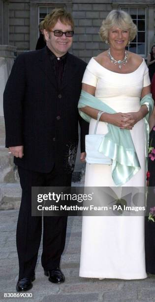 Mrs Camilla Parker-Bowles and Elton John arrive at Somerset House in London, for a charity benefit in aid of the children's charity ARK and the...