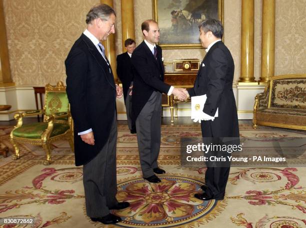 The Prince of Wales and The Earl of Wessex receive His Excellency the Ambassador of Kazakhstan, Mr Erlan Idrissov, in the 1844 room at Buckingham...