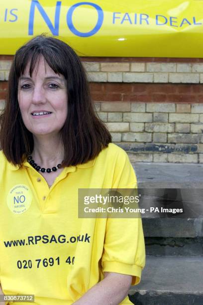 Valerie Williams, a train driver from Ealing, west London, protests with other members of the Railtrack shareholders action group RPSAG, outside...