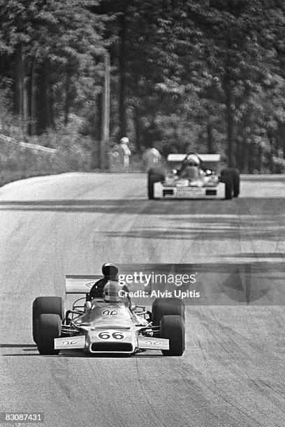 Graham McRae's Leda GM1 leads Sam Posey's Surtees TS11 into Turn 5 during Heat Two of the Formula 5000 Road America Grand Prix held on July 16, 1972...