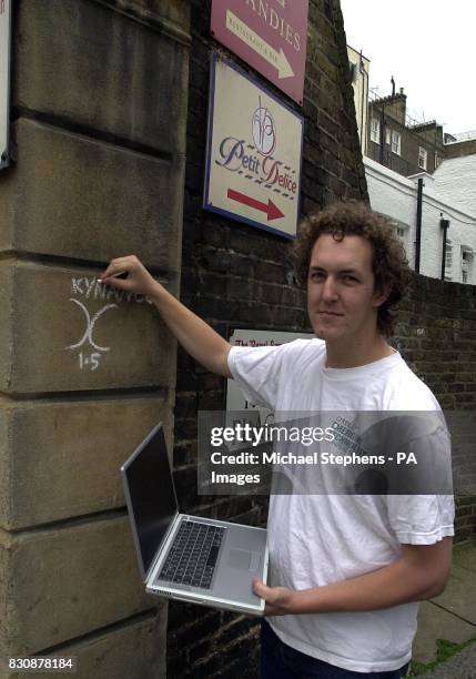 Warchalker Ben Hammersley near his his home in Kensington. Business leaders today warned of the dangers of a new computer craze called 'warchalking'....