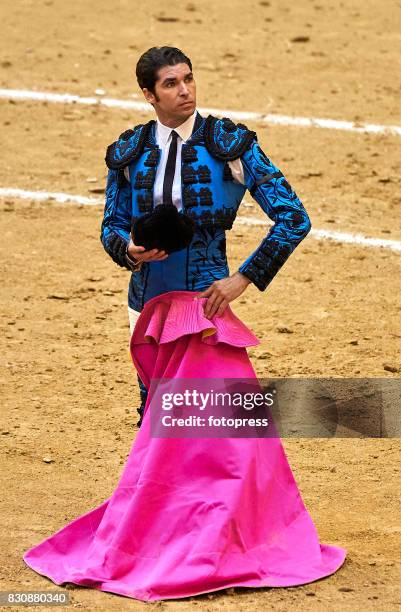 Spanish bullfighter Cayetano Rivera Ordonez looks on during the bullfighting as part of the La Peregrina Festival at Plaza de Pontevedra bullring on...