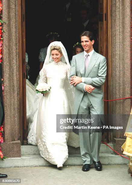 Crown Prince Pavlos of Greece with his bride Marie-Chantal Miller at Saint Sofia Cathedral in Bayswater, London, on their wedding day.