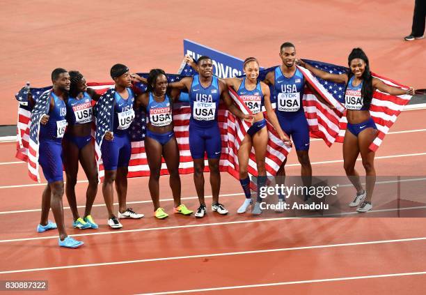 Gold medalist Women's 4x100 Metres Relay team Aaliyah Brown, Allyson Felix, Morolake Akinosun and Tori Bowie of the USA celebrate their victory with...