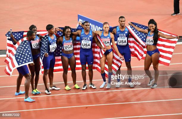 Gold medalist Women's 4x100 Metres Relay team Aaliyah Brown, Allyson Felix, Morolake Akinosun and Tori Bowie of the USA celebrate their victory with...