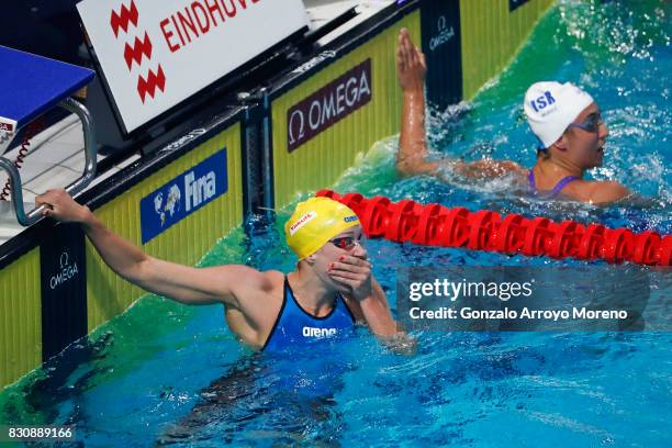 Sarah Sjostrom from Zweden reacts as she know she has achieved a new record on te Women's 200m Freestyle Final of the FINA/airweave Swimming World...