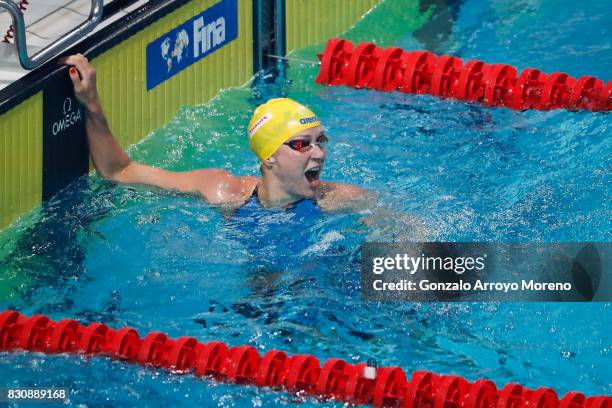 Sarah Sjostrom from Zweden reacts as she know she has achieved a new record on te Women's 200m Freestyle Final of the FINA/airweave Swimming World...