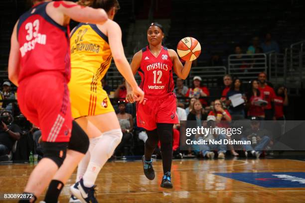 Ivory Latta of the Washington Mystics handles the ball against the Indiana Fever on August 12, 2017 at the Verizon Center in Washington, DC. NOTE TO...