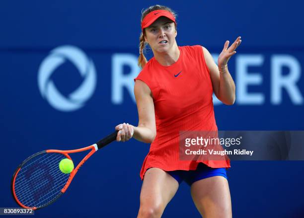 Elina Svitolina of Ukraine plays a shot against Simona Halep of Romania during a semifinal match on Day 8 of the Rogers Cup at Aviva Centre on August...