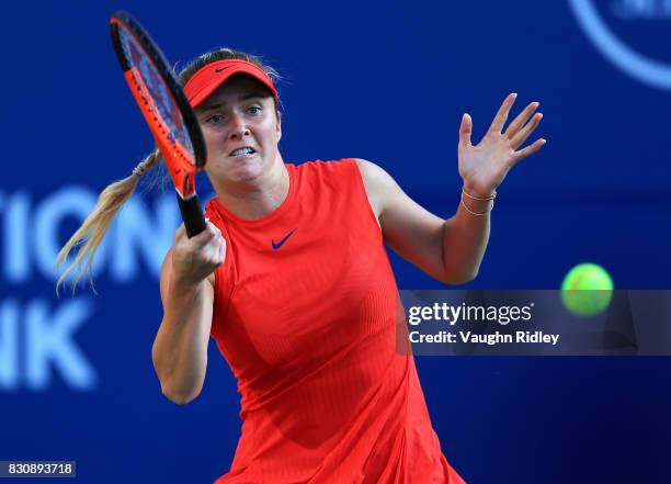 Elina Svitolina of Ukraine plays a shot against Simona Halep of Romania during a semifinal match on Day 8 of the Rogers Cup at Aviva Centre on August...