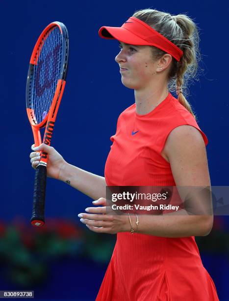 Elina Svitolina of Ukraine reacts after a missed shot against Simona Halep of Romania during a semifinal match on Day 8 of the Rogers Cup at Aviva...