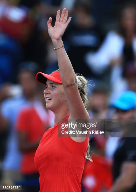 Elina Svitolina of Ukraine celebrates victory over Simona Halep of Romania during a semifinal match on Day 8 of the Rogers Cup at Aviva Centre on...