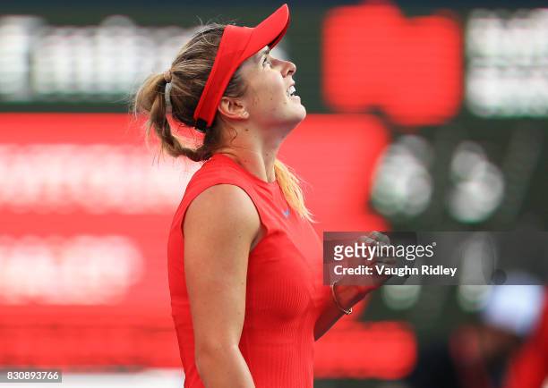Elina Svitolina of Ukraine celebrates victory over Simona Halep of Romania during a semifinal match on Day 8 of the Rogers Cup at Aviva Centre on...