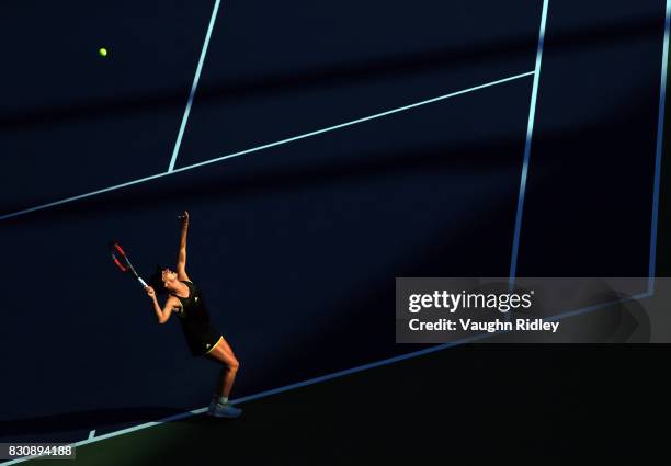 Simona Halep of Romania serves against Elina Svitolina of Ukraine during a semifinal match on Day 8 of the Rogers Cup at Aviva Centre on August 12,...