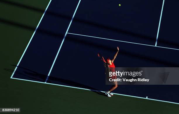 Elina Svitolina of Ukraine serves against Simona Halep of Romania during a semifinal match on Day 8 of the Rogers Cup at Aviva Centre on August 12,...