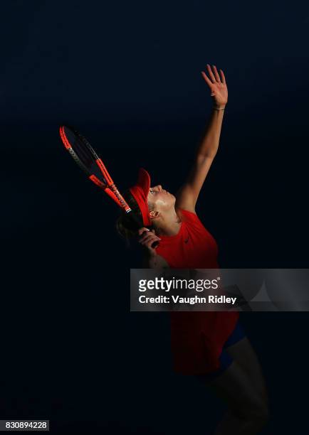 Elina Svitolina of Ukraine serves against Simona Halep of Romania during a semifinal match on Day 8 of the Rogers Cup at Aviva Centre on August 12,...