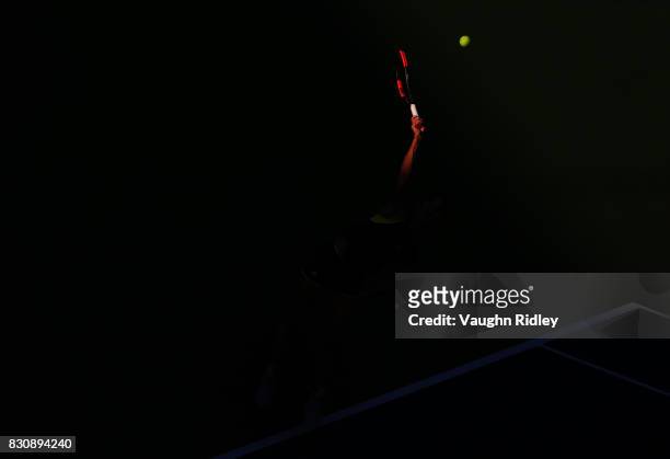 Simona Halep of Romania serves against Elina Svitolina of Ukraine during a semifinal match on Day 8 of the Rogers Cup at Aviva Centre on August 12,...