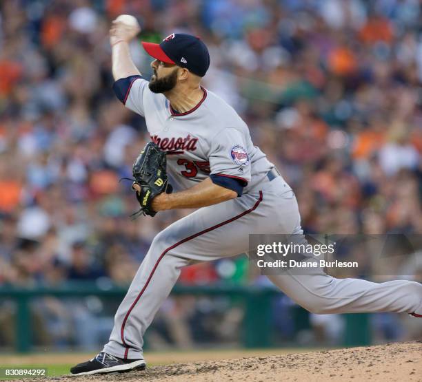 Dillon Gee of the Minnesota Twins pitches against the Detroit Tigers during the fifth inning at Comerica Park on August 12, 2017 in Detroit, Michigan.