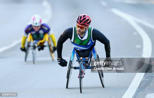 Kurt Fearnley heads up William Street during the start of the 2017 City to Surf on August 13, 2017 in Sydney, Australia.