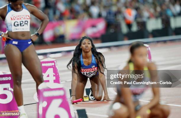 Aaliyah Brown of the USA on the track ready to start the Women's 4x100 metres Relay Final during day nine of the 16th IAAF World Athletics...