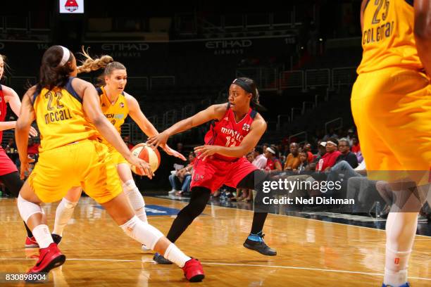 Ivory Latta of the Washington Mystics passes the ball against the Indiana Fever on August 12, 2017 at the Verizon Center in Washington, DC. NOTE TO...