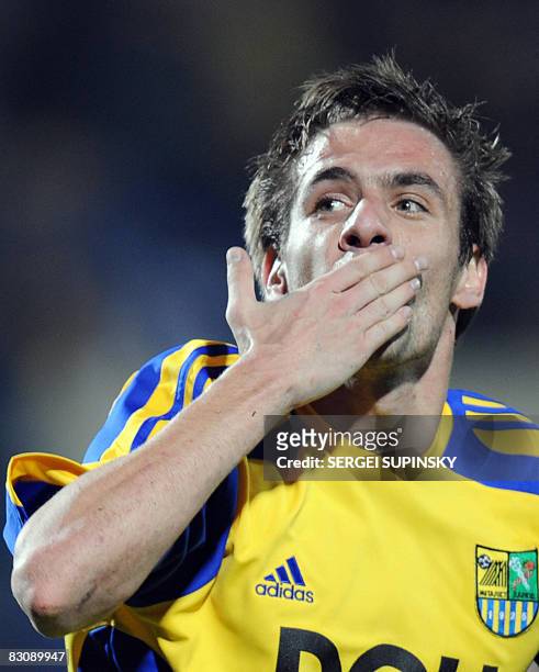 Marko Devic of Metalist jubilates after he scored against Besiktas during the UEFA Cup football match in Kharkiv on October 2, 2008. AFP PHOTO/SERGEI...