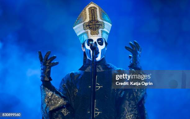 Papa Emeritus III of Ghost performing live on stage on day 2 at Bloodstock Festival at Catton Hall on August 12, 2017 in Burton Upon Trent, England.