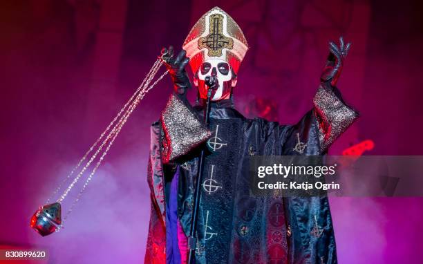 Papa Emeritus III of Ghost performing live on stage on day 2 at Bloodstock Festival at Catton Hall on August 12, 2017 in Burton Upon Trent, England.