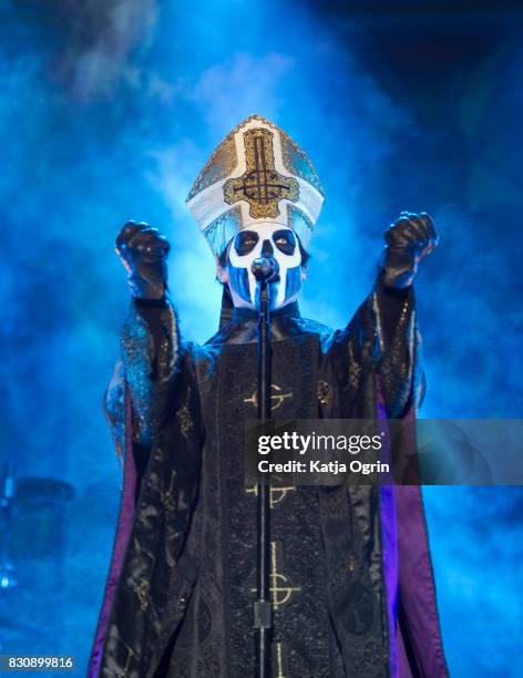 Papa Emeritus III of Ghost performing live on stage on day 2 at Bloodstock Festival at Catton Hall on August 12, 2017 in Burton Upon Trent, England.