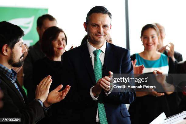 Greens Party Leader James Shaw thanks his party members at the relaunch of the Greens Party on August 13, 2017 in Auckland, New Zealand. The Greens...