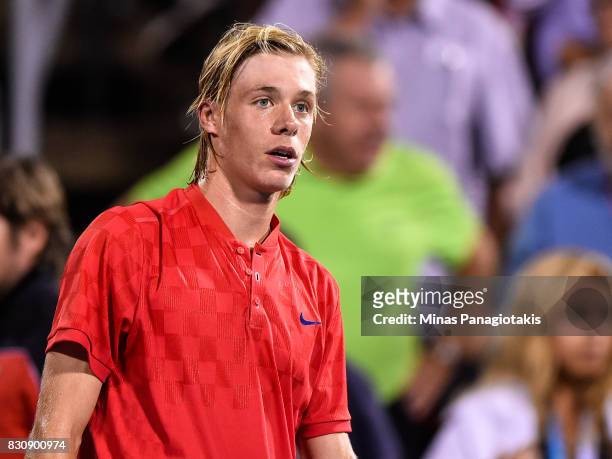 Denis Shapovalov of Canada looks on after his 6-4, 7-5 loss to Alexander Zverev of Germany during day nine of the Rogers Cup presented by National...