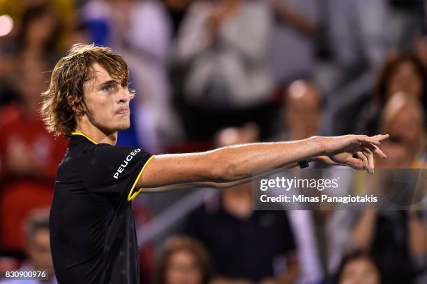 Alexander Zverev of Germany celebrates his 6-4, 7-5 victory over Denis Shapovalov of Canada during day nine of the Rogers Cup presented by National...