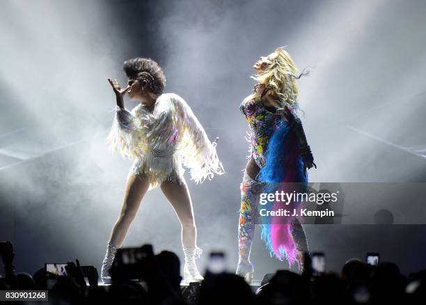 Singers Alejandra Guzman and Gloria Trevi perform at Madison Square Garden on August 12, 2017 in New York City.