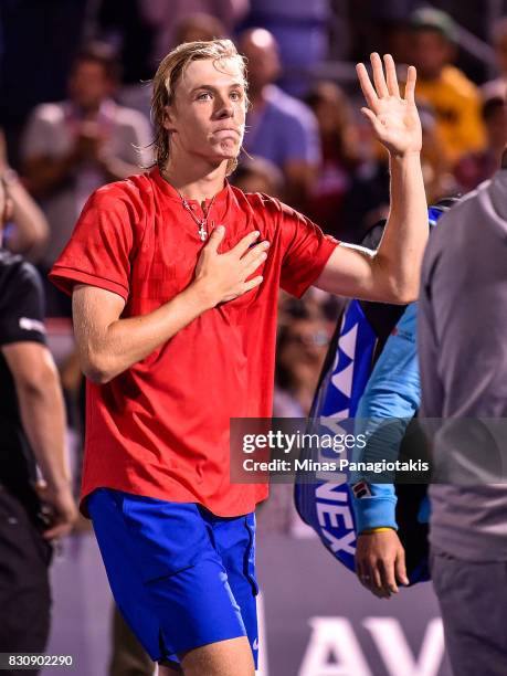 Denis Shapovalov of Canada salutes the fans after his 6-4, 7-5 loss against Alexander Zverev of Germany during day nine of the Rogers Cup presented...