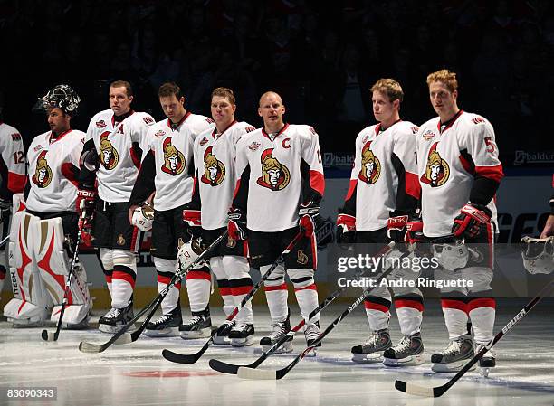 Daniel Alfredsson of the Ottawa Senators looks on during pregame ceremonies before playing the Frolunda Indians at Scandinavium Arena on October 2,...