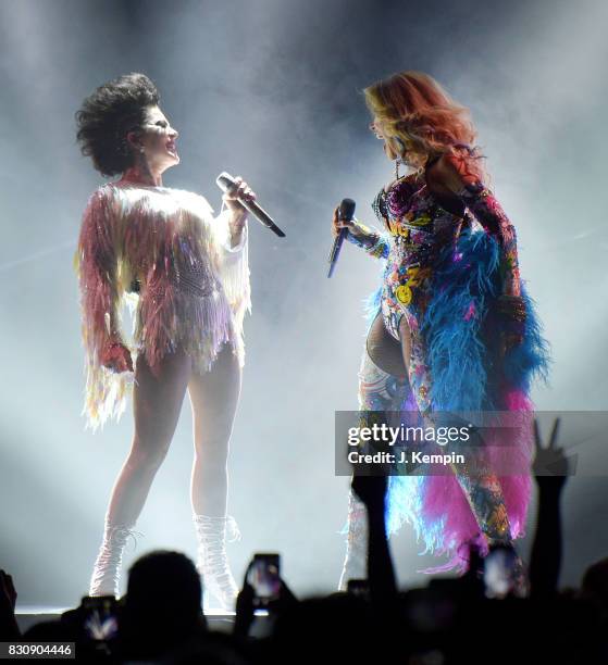 Singers Alejandra Guzman and Gloria Trevi perform at Madison Square Garden on August 12, 2017 in New York City.