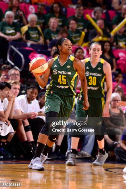 Noelle Quinn of the Seattle Storm handles the ball against the Phoenix Mercury on August 12, 2017 at Talking Stick Resort Arena in Phoenix, Arizona....