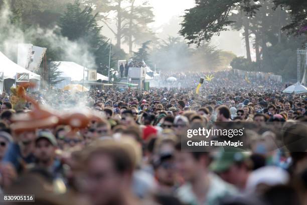 Festivalgoers while DJ Kaytranada performs on the Twin Peaks Stage during the 2017 Outside Lands Music And Arts Festival at Golden Gate Park on...