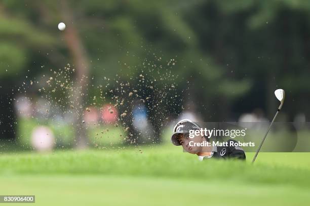 Asuka Kashiwabara of Japan hits out of the first grren bunker during the final round of the NEC Karuizawa 72 Golf Tournament 2017 at the Karuizawa 72...