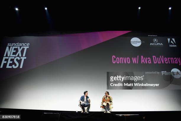 Writer/director Justin Chon and director Ava DuVernay speak on stage during the 2017 Sundance NEXT FEST at The Theater at The Ace Hotel on August 12,...