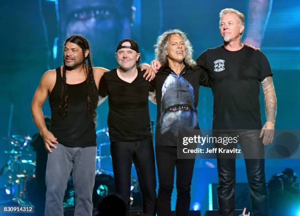 Robert Trujillo, Lars Ulrich, Kirk Hammett, and James Hetfield of Metallica perform on Lands End stage during the 2017 Outside Lands Music And Arts...