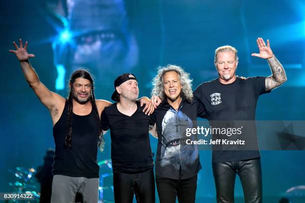 Robert Trujillo, Lars Ulrich, Kirk Hammett, and James Hetfield of Metallica perform on Lands End stage during the 2017 Outside Lands Music And Arts...