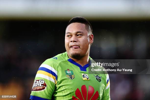 Joey Leilua of the Raiders looks on during the round 23 NRL match between the New Zealand Warriors and the Canberra Raiders at Mt Smart Stadium on...