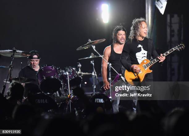 Lars Ulrich, Robert Trujillo, and Kirk Hammett of Metallica perform on Lands End stage during the 2017 Outside Lands Music And Arts Festival at...