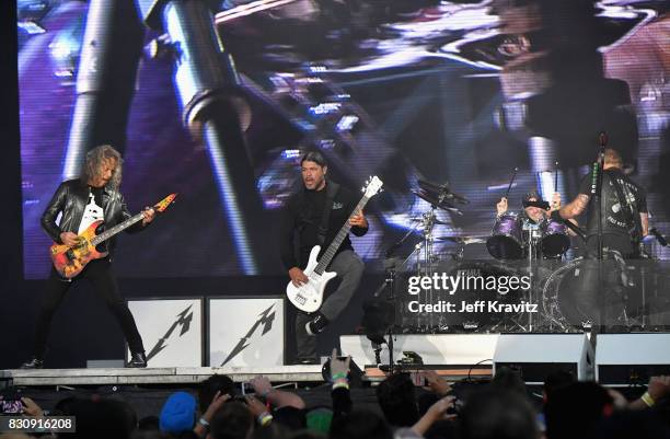 Kirk Hammett, Robert Trujillo, Lars Ulrich and James Hetfield of Metallica perform on Lands End stage during the 2017 Outside Lands Music And Arts...