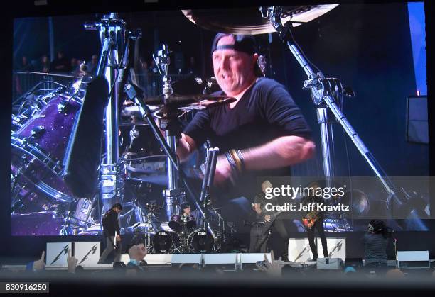 Robert Trujillo, Lars Ulrich, James Hetfield and Kirk Hammett of Metallica perform on Lands End stage during the 2017 Outside Lands Music And Arts...