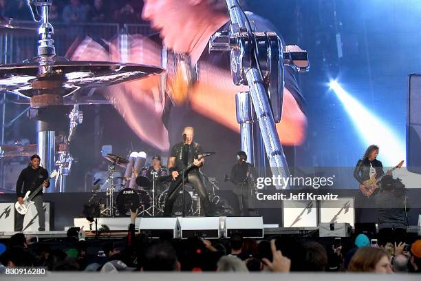 Robert Trujillo, Lars Ulrich, James Hetfield and Kirk Hammett of Metallica perform on Lands End stage during the 2017 Outside Lands Music And Arts...