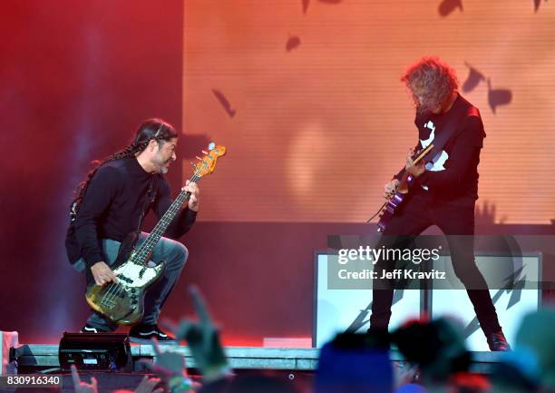 Robert Trujillo and Kirk Hammett of Metallica perform on Lands End stage during the 2017 Outside Lands Music And Arts Festival at Golden Gate Park on...